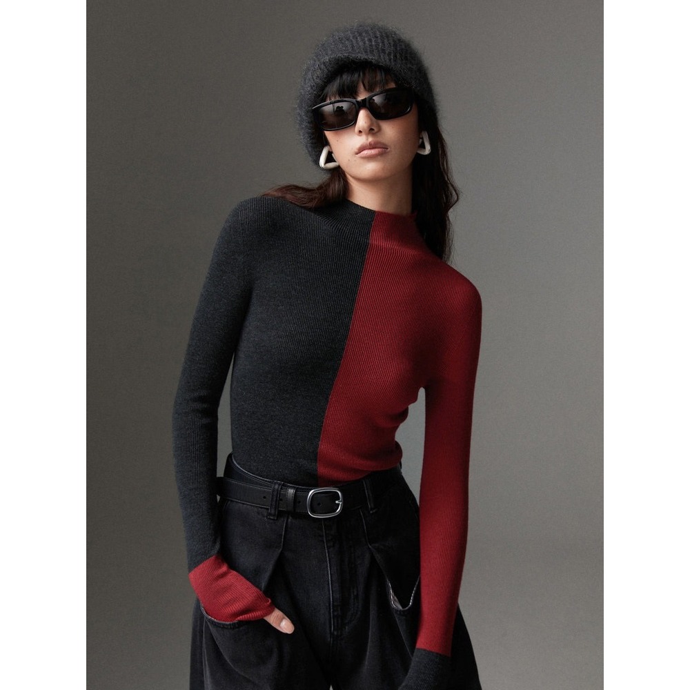 COMMENSE Wool-Blend Two Tone Skinny Knit Top Burgundy Charcoal Gray Size S